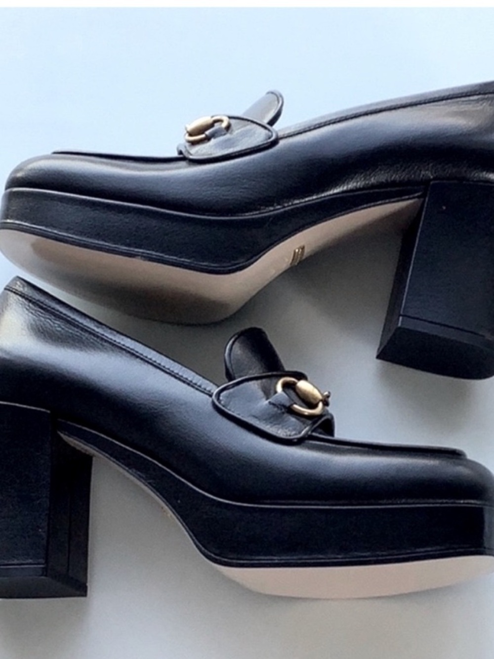 Gucci Houdan Black Leather Horsebit Platform Block Heel Loafers 39 1/2 $849 - Picture 7 of 12